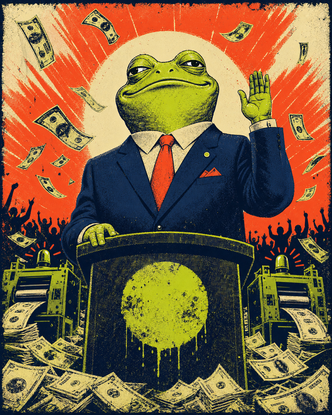 A fictional frog politician taking an absurd oath at a podium